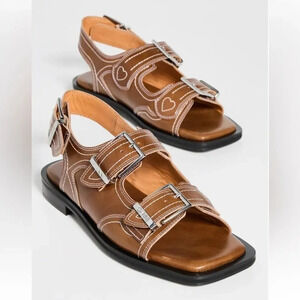 NEW Ganni Embroidered Western Dual Buckle Leather Sandals size EU39 US8.5